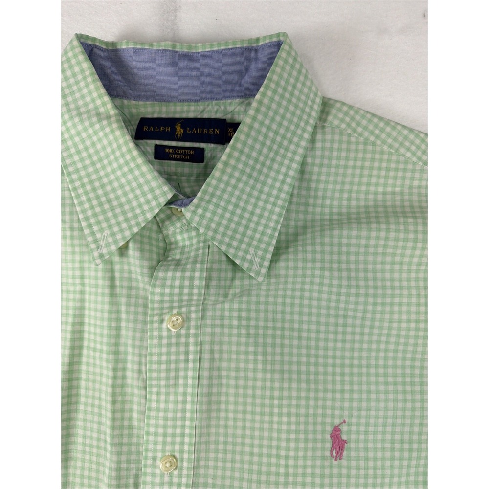 Ralph Lauren Men's  Button Down Shirt Green/white Gingham  Plaid 100%‎ Cotton XL